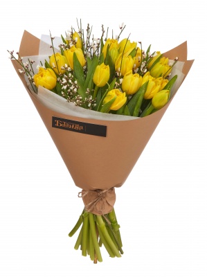 Желтые пионовидные тюльпаны с генистой 17шт